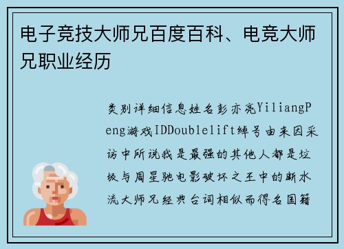电子竞技大师兄百度百科、电竞大师兄职业经历